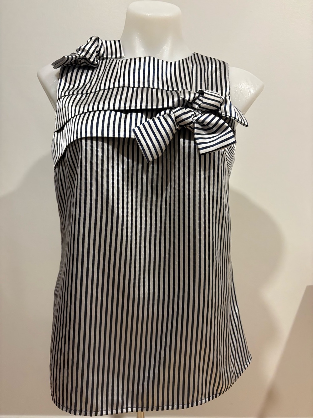 Banana Republic Black and White Striped Sleeveless Bow Trim Top
